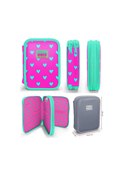 Coral High Yeşil Pembe Kalp Desenli Kız Çocuk Okul Çantası Ve Organizer Kalemlik Seti 23113 11133 Pembe - Yeşil