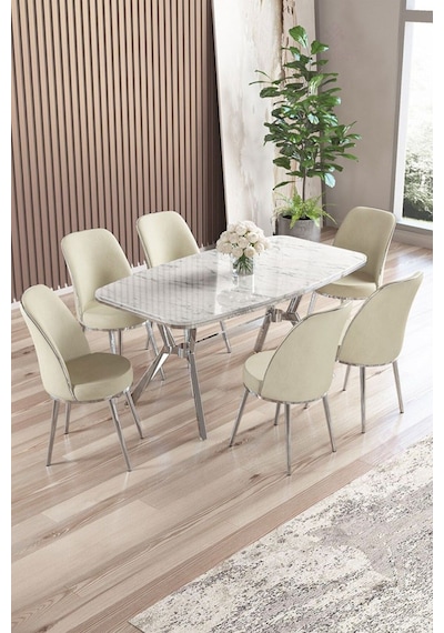 Canisa Lena Serisi 90x160 Lak Panel Beyaz Mermer Desen Krom Kaplama Ayaklı Masa Takımı Ve 6 Krem Sandalye Beyaz Mermer Desen Masa Sandalyeler Krem Canisa Lena Serisi 90x160 Lak Panel Beyaz Mermer Desen Krom Kaplama Ayaklı Masa Takımı Ve 6 Krem Sandalye Beyaz Mermer Desen Masa Sandalyeler Krem
