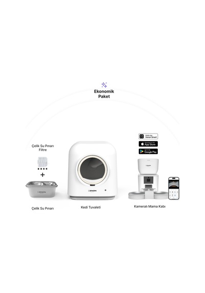 Xenon Smart Akıllı Otomatik Kedi Tuvaleti Çift Hazneli Mama Kabı Ultra Sessiz Çelik Su Pınarı Ve Yedek Filtre Pet Seti