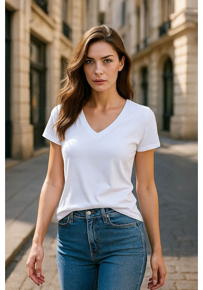 Markapia Kadın V Yaka Kısa Kollu Düz T-shirt Beyaz