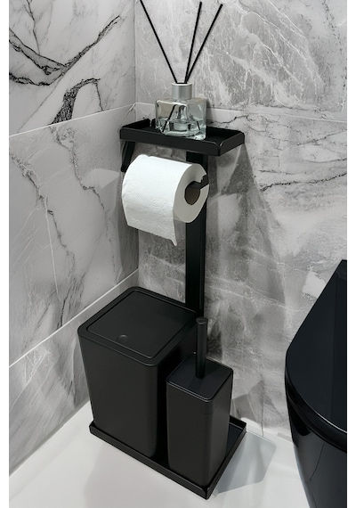 3'ü 1 Arada Banyo Seti Tuvalet Kağıtlık, Çöp Kovası Ve Tuvalet Fırça Takımı Mat Siyah