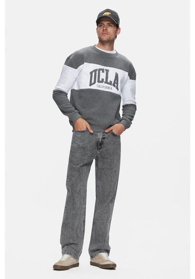 Ucla Archer Koyu Gri Bisiklet Yaka Nakışlı Loose Fit Erkek Sweatshirt Koyu Gri