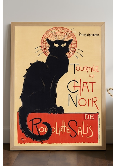 Chat Noir Kedi Doğal Ahşap Çerçeveli Poster, Dekoratif Sanatsal Duvar Tablosu