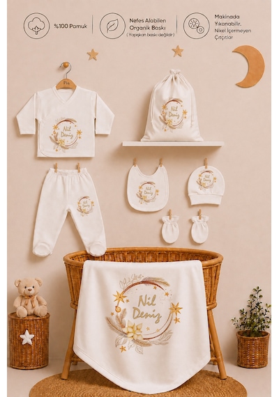 Pia Baby Kız Bebek Hastane Çıkışı Hediye Seti 8 Parça Zıbın Set %100 Pamuk Battaniye Yastık Ve Kese 1093zybk0x Krem