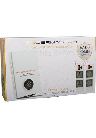 Powermaster Slım-2000 Otomatik 2000va Kombi Voltaj Regülatörü İngiliz Fişli Ve Evrensel Çoklu Soketli