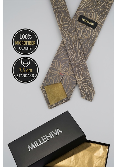 Milleniva Retro Şal Desenli Gri Gold Kravat & Mendil