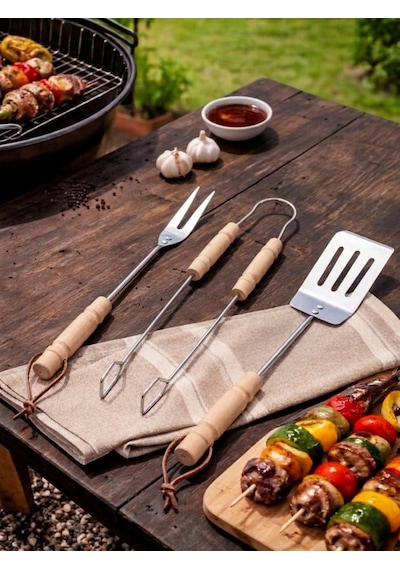 3'lü Set Ahşap Saplı Mangal Aksesuar Seti Maşa Spatula Çatal Krom