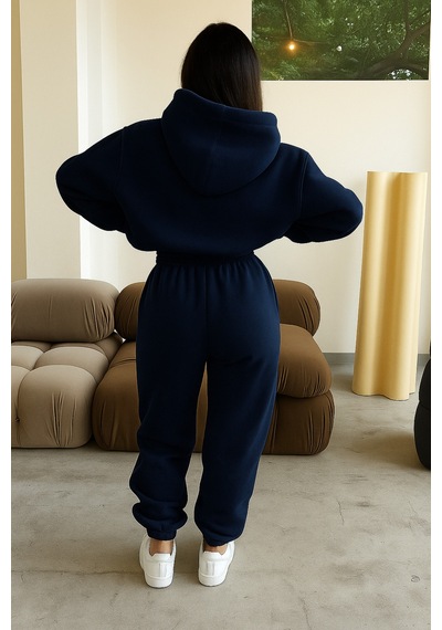 Ellore Australia Eşofman Takımı Sweatshirt Jogger - Lacivert Baskılı Oversize Şardonlu Kapüşonlu Lacivert