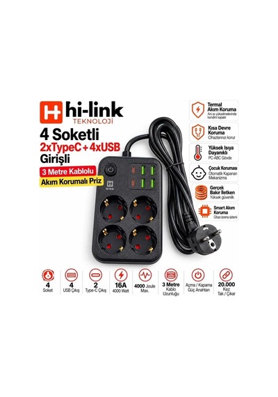 Hi-link 4 Soketli 2xtype-c +4xusb Girişli 3 Metre Kablolu Akım Korumalı Priz 1 - 3 M