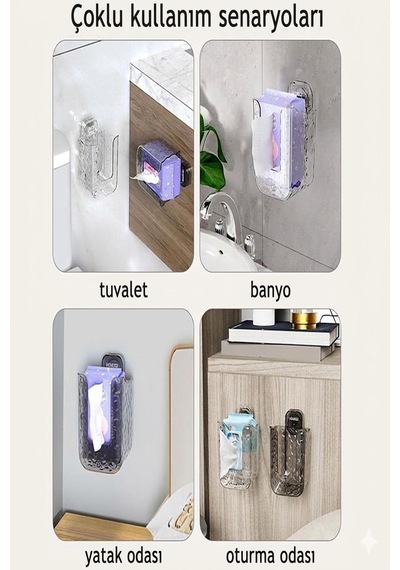 Islak Mendil Tutucu Raf Duvar Tipi Banyo Organizer Yapışkanlı Şeffaf Pratik Mendil Rafı Beyaz