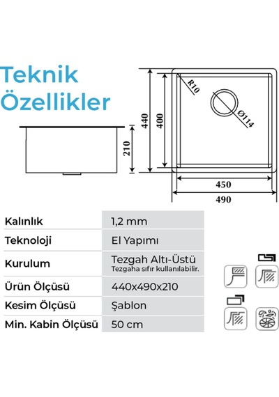 Crauf Stella 4449 Inox 40x45 El Yapımı Paslanmaz Çelik Mutfak Eviyesi Inox