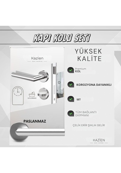 Kazien Paslanmaz Çelik 6063 Kalite Saten Yüzey Yuvarlak Rozetli Kapı Kolu Ve Tüm Bağlantı Ekipmanı Dahildir Nikel Saten, Wc-banyo