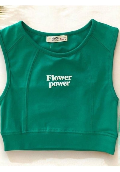 Kız Çocuk Flower Power Yazılı Crop-14406 Yeşil
