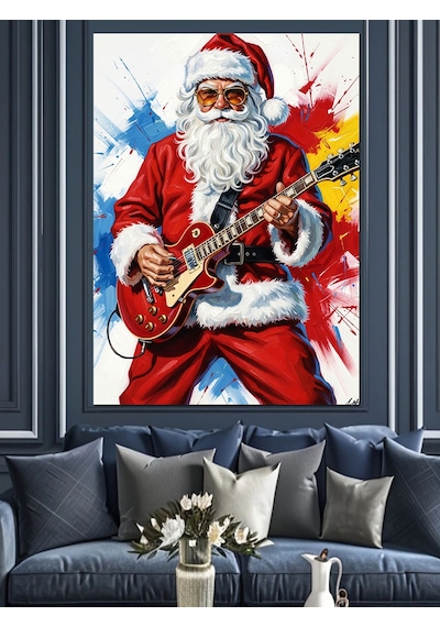 Ahşap Tablo Noel Baba Gitar Çalıyor Rock Hayvan Tabloları