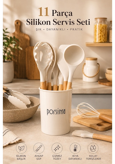 Porsima 3163  Standlı Bambu Silikon 11 Parça Servis Takımı Seti Beyaz