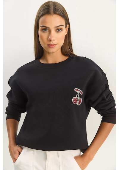 Shade Kadın Bisiklet Yaka Kiraz Taş İşlemeli Üç İplik Şardonlu Sweatshirt 60601047 - Siyah