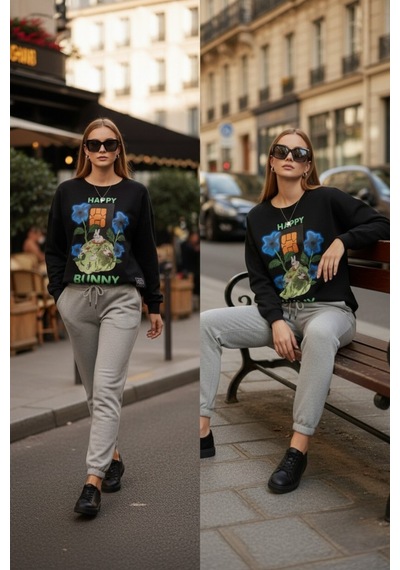 The Kadın Happy Bunny Baskılı %100 Pamuk 3 İplik Şardonsuz Sweatshirt - Bisiklet Yaka Basic Üst Siyah The Kadın Happy Bunny Baskılı %100 Pamuk 3 İplik Şardonsuz Sweatshirt - Bisiklet Yaka Basic Üst Siyah