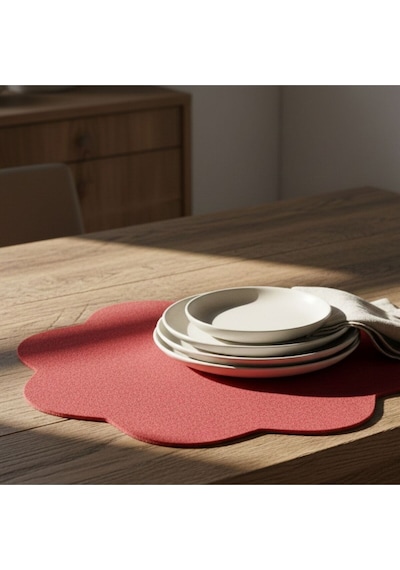 2 Adet Keçe Amerikan Servis-kolay Silinebilir Supla-33x33 Cm-sekizgen Çiçek Desenli Kırmızı