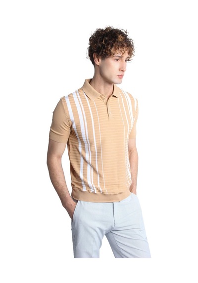 Bej Slim Fit Dar Kalıp Düğmeli Polo Yaka Desenli Kısa Kollu Triko Tişört-16314 Bej