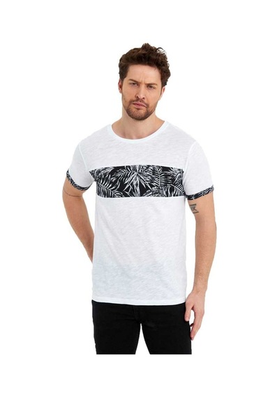 Bisiklet Yaka Kısa Kollu Desenli Penye Erkek Tshirt İndigo