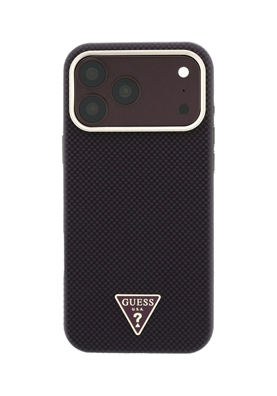 Apple iPhone Uyumlu 18 Pro Max Kılıf Guess Lisanslı M-safe Pu Metal Üçgen Logolu Karbon Fiber Kevlar Kapak Bordo