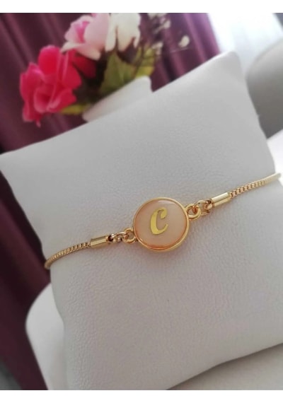 Altın Sedef Ayarlanabilir Kadın Gold Asansörlü C Harf Bileklik Renkli