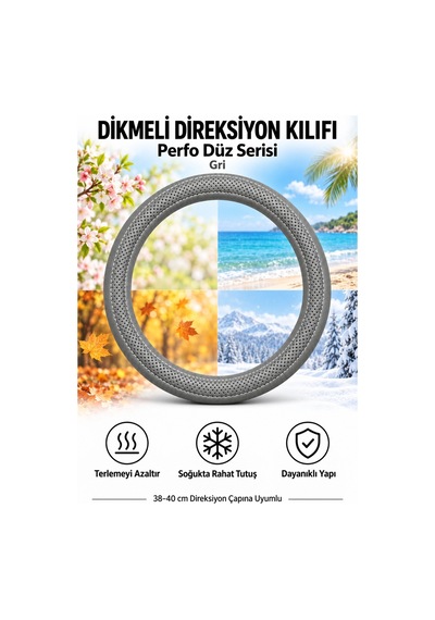 Trobus Volkswagen Taigo 2021-2025 Uyumlu Dikmeli Direksiyon Kılıfı Perfo Düz Delikli Deri Gri