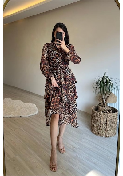 Neşeli Butik Kadın Leopar Desenli Kat Kat Volanlı Şifon Elbise Nm014 Kahverengi