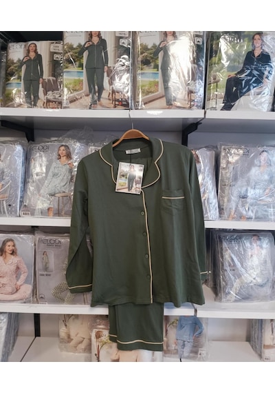 Melodi Kadın %100 Pamuk Önden Düğmeli Uzun Kol Baharlık Pijama Takımı 16218 - 1 Adet Haki