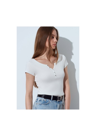 Dilvin 32688 %100 Pamuk Basic T-shirt-ekru-16526