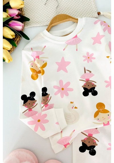 Minigimin Cicileri Dans Eden Figür Baskılı Pamuklu Kız Çocuk Pijama Takımı - Pembe