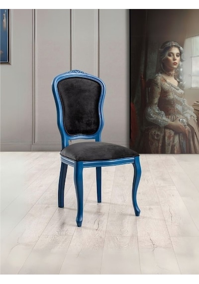 Victoria Ahşap Oymalı Country Sandalye Mavi - Siyah