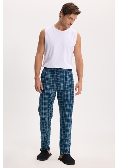 Tudors Erkek Standart Fit Normal Kesim Pamuklu Kareli Beli Bağcıklı Cepli Lacivert Pijama Altı-51263