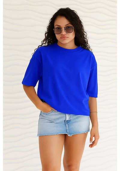 Benroma Düz Oversize Unisex Tişört Ycb5 Saks Mavisi