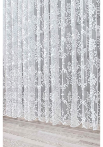 Caserta Damask Dantel Çiçek Desen Beyaz Düz Örme Tül Perde 1.sınıf Kalite Beyaz - Ekru
