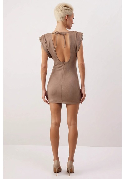 Benerly Kadın Bisiklet Yaka Kolsuz Örme Bodycon Kalıp Mini Elbise Aksesua Kahverengi