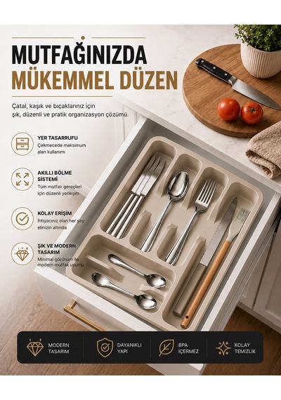 6 Bölmeli Çekmece İçi Kaşıklık, Plastik Çatal Bıçak Organizeri, Mutfak Düzenleyici Bej S-11003