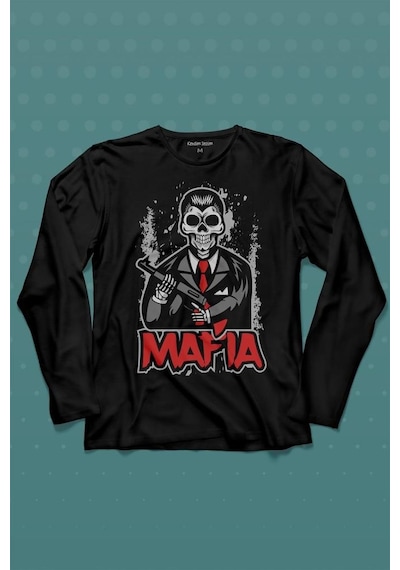 Skull Ganster Mafia Temalı Silahlı Adam Uzun Kollu Tişört Baskılı T-shirt 001