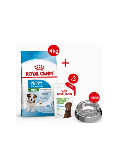Mını Puppy -yavru Kuru Köpek Maması 4kg + Yavru Ödül Maması 3x + Çelik Mama Kabı