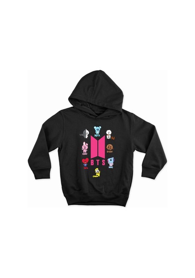 Bts Bt21 Özel Tasarım Kapüşonlu Unisex Sweatshirt Siyah