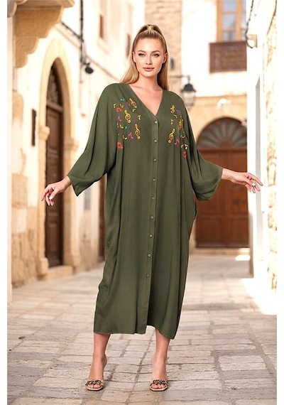 Veraura Lifestyle Haki V Yaka Önü Nota Nakışlı Cepli Oversize Uzun Gömlek Elbise