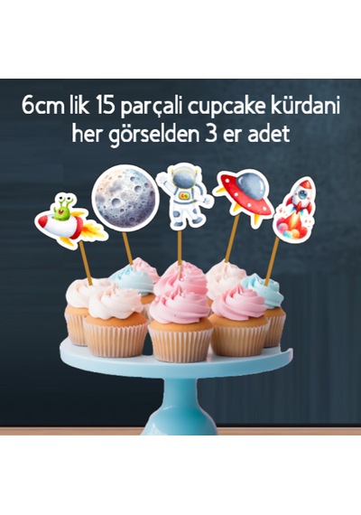 32 Parça Uzay Astronot Temalı Dev Set Doğum Günü Süsü, Banner Pasta Kürdanı Cupcake Süsü +0