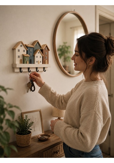 Ahşap Ev Figürlü Anahtarlık Askılığı Dekoratif Duvar Anahtarlığı 4 Kancalı Modern Organizer Çok Renkli