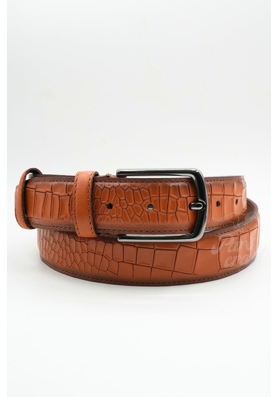 Parscraft Hakiki Deri Erkek Kemer 3,5 Cm Croco Timsah Desen Klasik Deri Kemer Turuncu