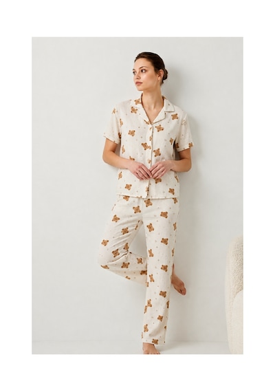 Fit Women V Yaka Kapama Lastik Bel Kar Beyaz Pijama Takımı Kırık Beyaz