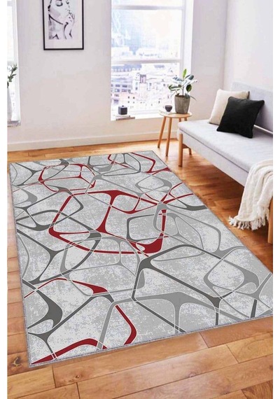 Kırmızı Geometrik Kaymaz Tabanlı Dekoratif Halı Lk004n11