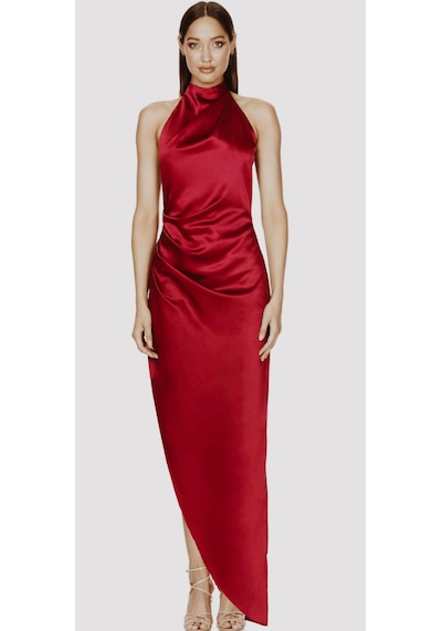 Hanife Glam Couture Hanife Glam Halter Yaka Asetat Saten Elbise Kırmızı