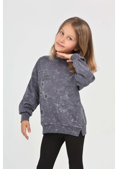 Kız Çocuk Relax Fit Bisiklet Yaka Düşük Omuz Baskılı Yırtmaçlı Sweatshirt - 2 İplik Füme Melanj Kız Çocuk Relax Fit Bisiklet Yaka Düşük Omuz Baskılı Yırtmaçlı Sweatshirt - 2 İplik Füme Melanj