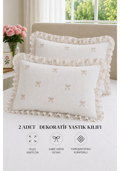 2 Li Pamuklu Fırfırlı Yastık Kılıfı 50x70 Kahverengi