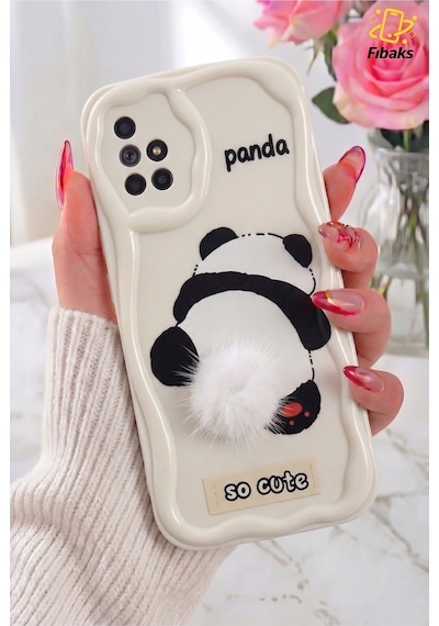 Fibaks Galaxy A51 Uyumlu Kılıf Tasarımlı Desenli Kamera Korumalı Panda Beyaz Püsküllü Silikon Kapak